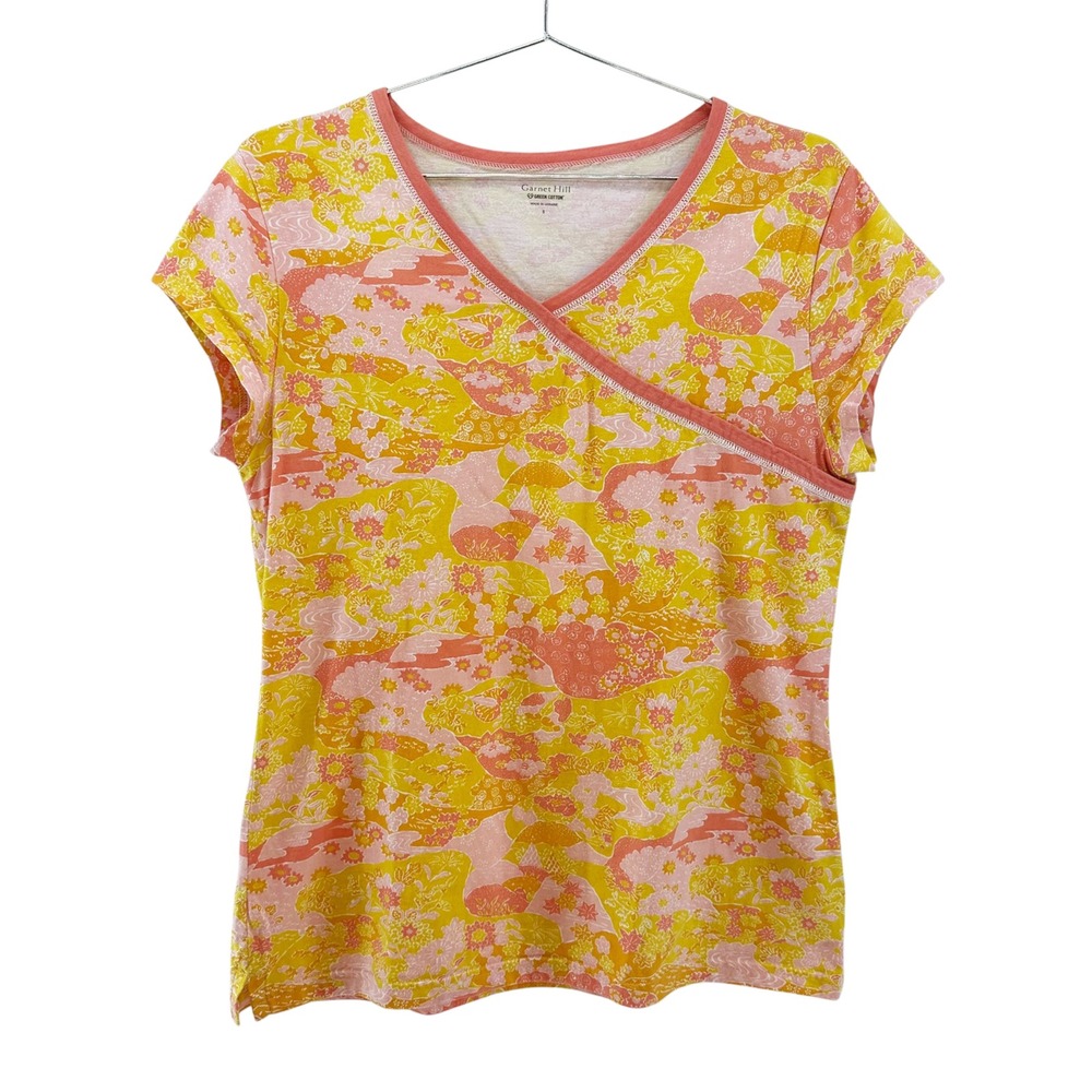 GARNET HILL Organic Cotton Floral V-neck Tee • Small • yellow pink boho casual